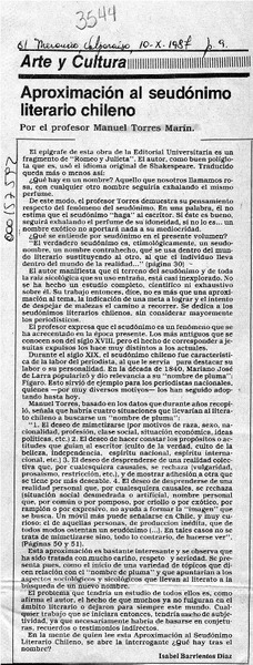 Aproximación al seudónimo literario chileno  [artículo] Isabel Barrientos Díaz.