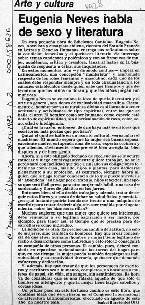Eugenia Neves habla de sexo y literatura  [artículo] Isabel Barrientos Díaz.