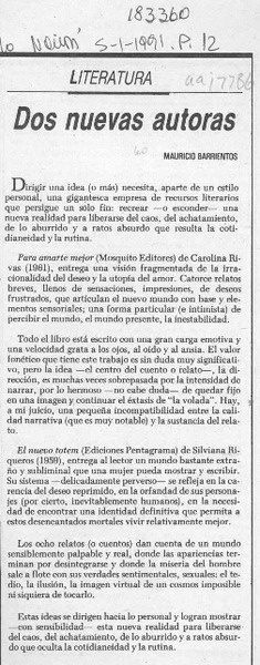 Dos nuevas autoras  [artículo] Mauricio Barrientos.