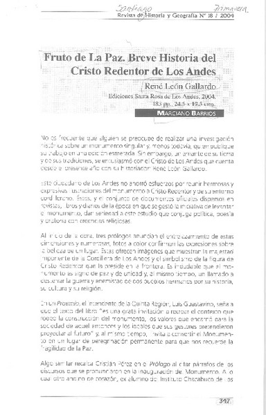 Fruto de la Paz : breve historia del Cristo Redentor de Los Andes René León Gallardo  [artículo] / Marciano Barrios.