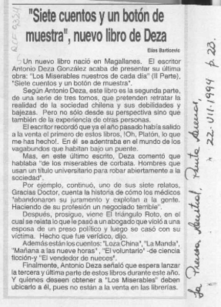 "Siete cuentos y un botón de muestra", nuevo libro de Deza  [artículo] Elías Barticevic.