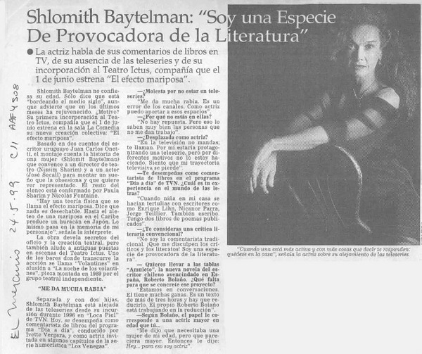 Shlomith Baytelman, "Soy una especie de provocadora de la literatura"  [artículo].