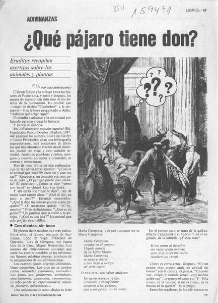 Qué pájaro tiene don?  [artículo] Guillermo Blanco.