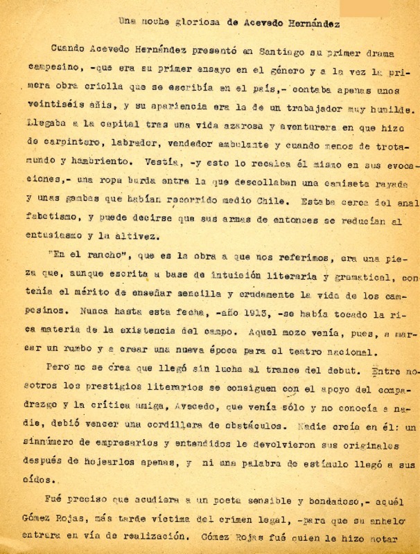 Una noche gloriosa de Acevedo Hernández  [artículo] Enrique Bunster.