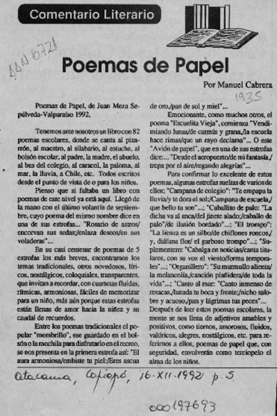Poemas de papel  [artículo] Manuel Cabrera.
