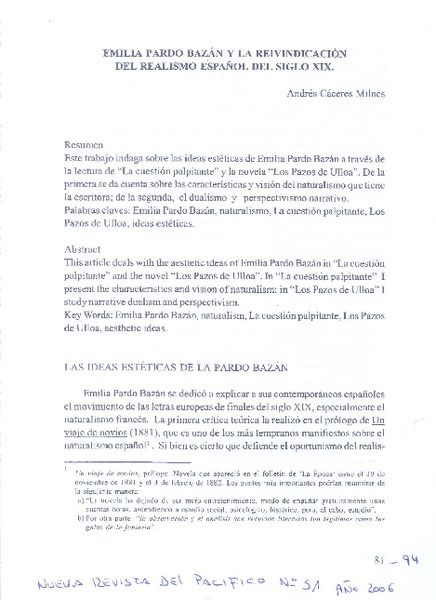 Emilia Pardo Bazán y la reivindicación del realismo español del siglo XIX  [artículo]Andrés Cáceres Milnes.