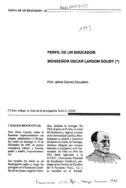 Perfil de un educador, Monseñor Oscar Larson Soudy  [artículo] Jaime Caiceo Escudero.