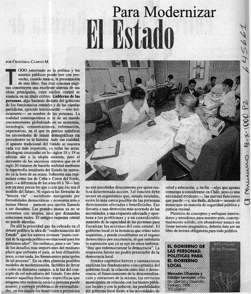 Para modernizar el Estado  [artículo] Cristóbal Camino M.
