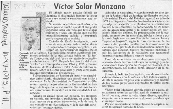 Víctor Solar Manzano  [artículo] Fernando Campos Harriet.