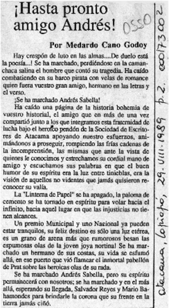 Hasta pronto amigo Andrés!  [artículo] Medardo Cano Godoy.