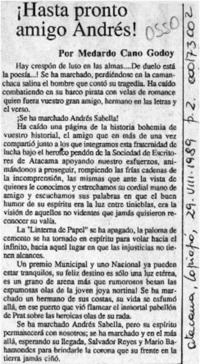 Hasta pronto amigo Andrés!  [artículo] Medardo Cano Godoy.