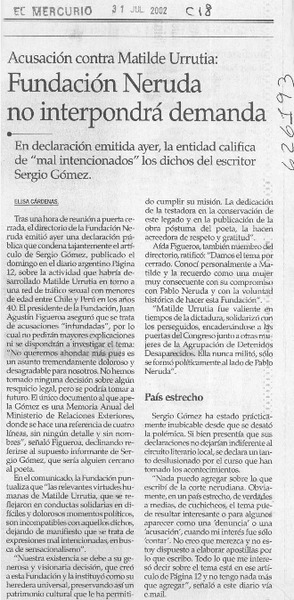 Fundación Neruda no interpondrá demanda  [artículo] Elisa Cárdenas