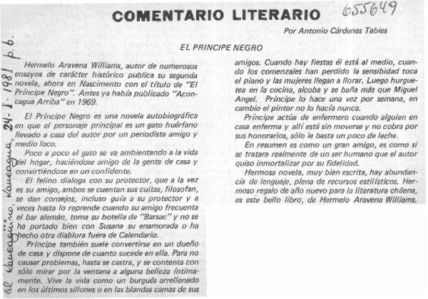 Comentario literario:  [artículo] Antonio Cárdenas Tabies.