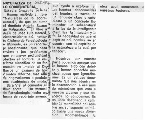 Naturaleza de los sobrenatural  [artículo] Antonio Cárdenas Tabies.