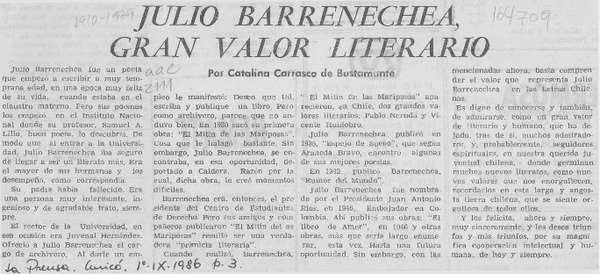 Julio Barrenechea, gran valor literario