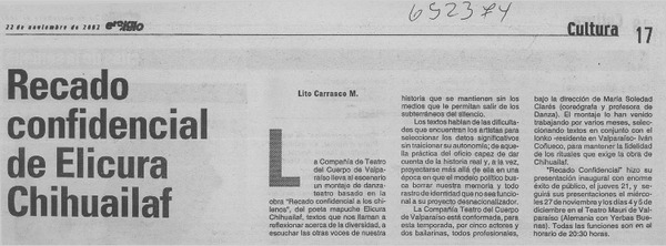 Recado confidencial de Elicura Chihuailaf  [artículo] Lito Carrasco M.