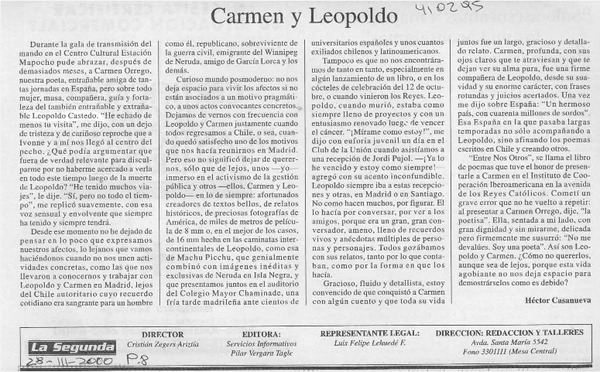 Carmen y Leopoldo  [artículo] Héctor Casanueva