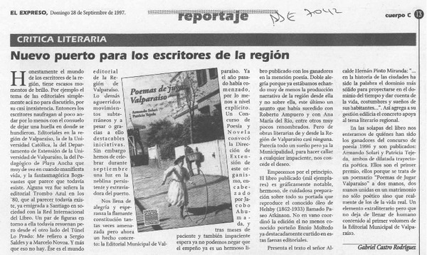 Nuevo puerto para los escritores de la región  [artículo] Gabriel Castro Rodríguez.