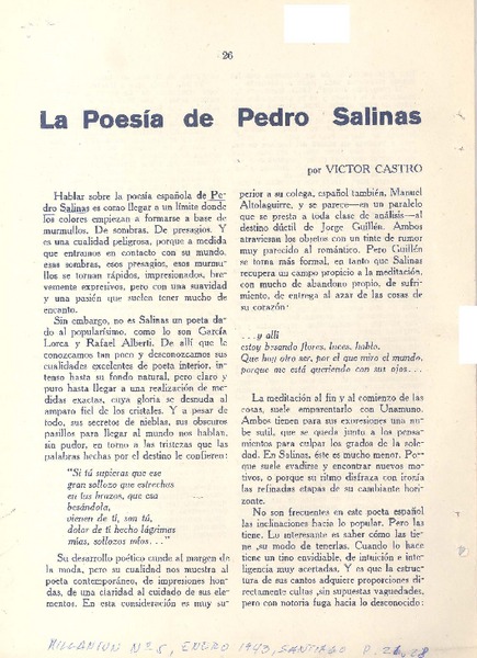 La poesía de Pedro Salinas  [artículo] Víctor Castro.