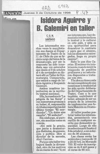 Isidora Aguirre y B. Galemiri en taller
