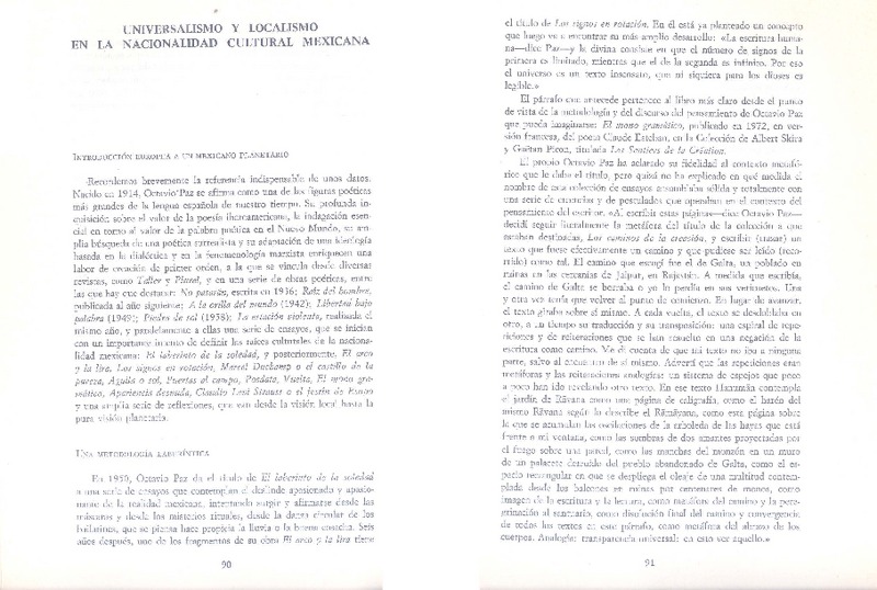 Universalismo y localismo en la nacionalidad cultural mexicana  [artículo] Raúl Chavarri.