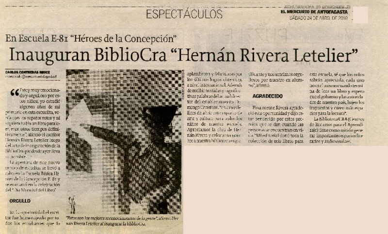 Inauguran BiblioCra "Hernán Rivera Letelier"  [artículo] Carlos Contreras Bruce.