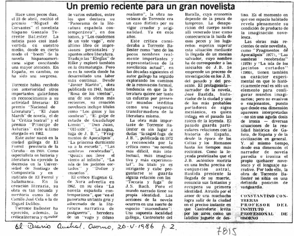 Un premio reiente para un gran novelista