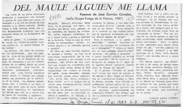 Del Maule alguien me llama  [artículo] Carlos René Correa.
