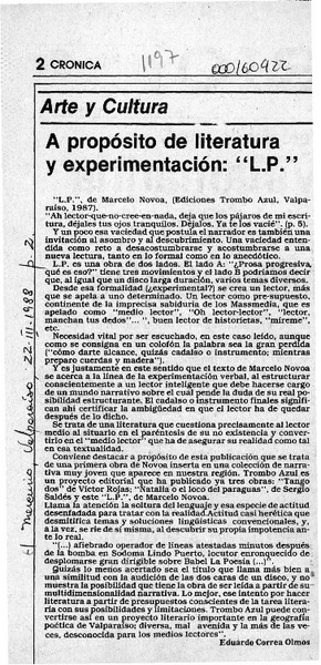 A propósito de literatura y experimentación, "L. P."  [artículo] Eduardo Correa Olmos.