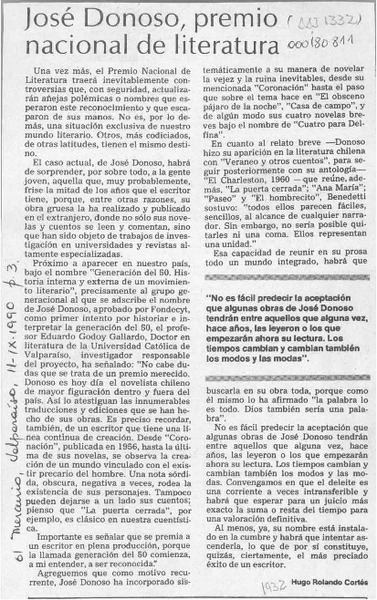 José Donoso, Premio Nacional de Literatura  [artículo] Hugo Rolando Cortés.
