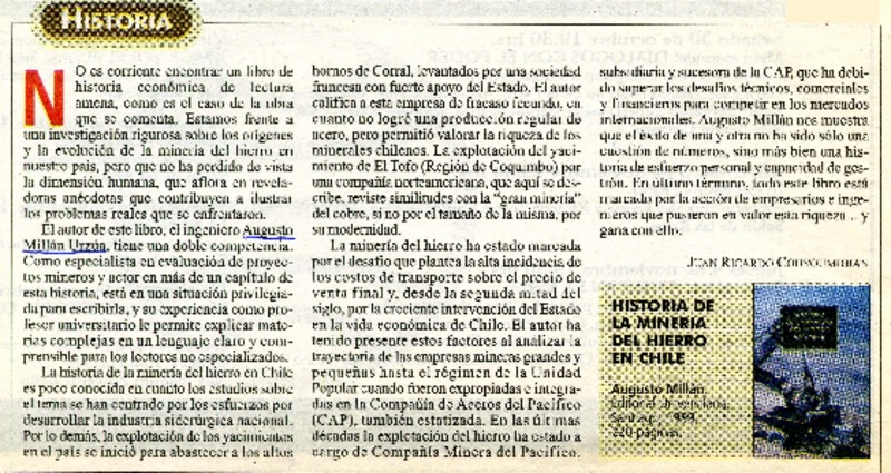 Historia de la minería del hierro en Chile  [artículo] Juan Ricardo Couyomdjian