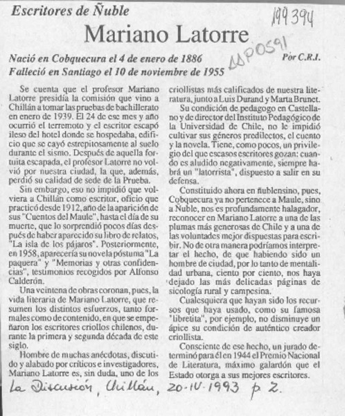 Mariano Latorre  [artículo] C. R. I.