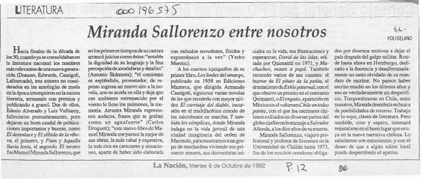 Miranda Sallorenzo entre nosotros  [artículo] Poli Délano.