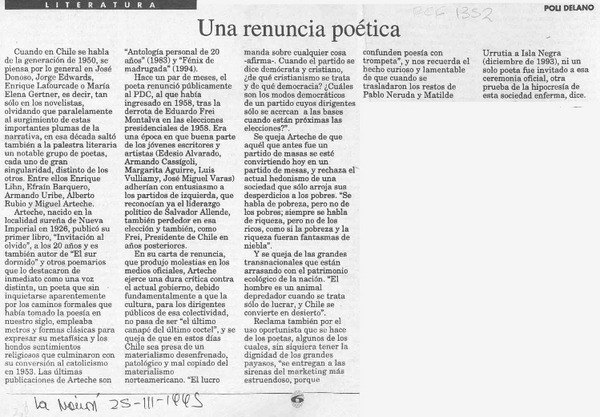 Una renuncia poética  [artículo] Poli Délano.