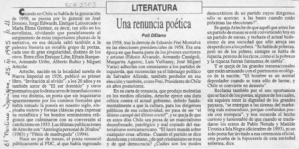 Una renuncia literaria  [artículo] Poli Délano.