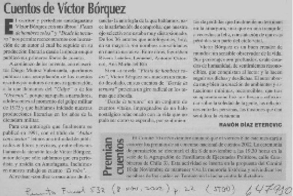 Cuentos Víctor Bórquez  [artículo] Ramón Díaz Eterovic