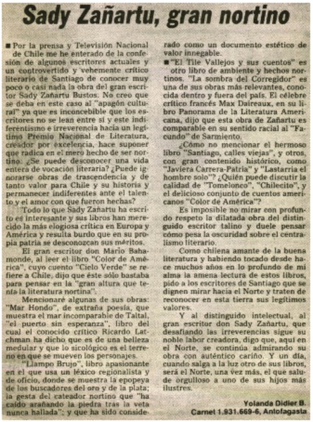 Sady Zañartu, gran nortino