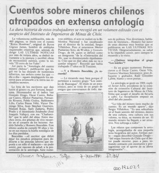 Cuentos sobre mineros chilenos atrapados en extensa antología  [artículo].