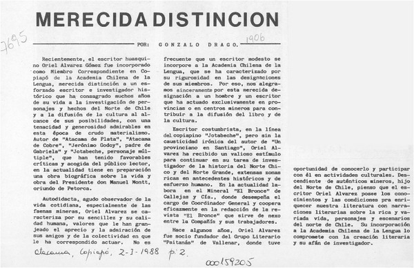 Merecida distinción  [artículo] Gonzalo Drago.