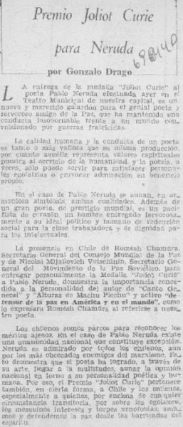 Premio Joliot Curie para Neruda