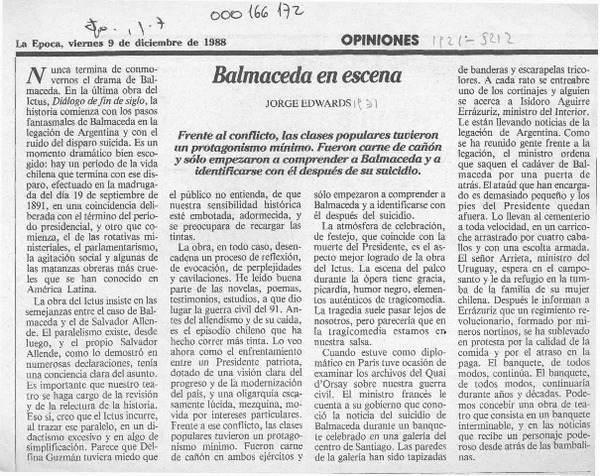 Balmaceda en escena  [artículo] Jorge Edwards.