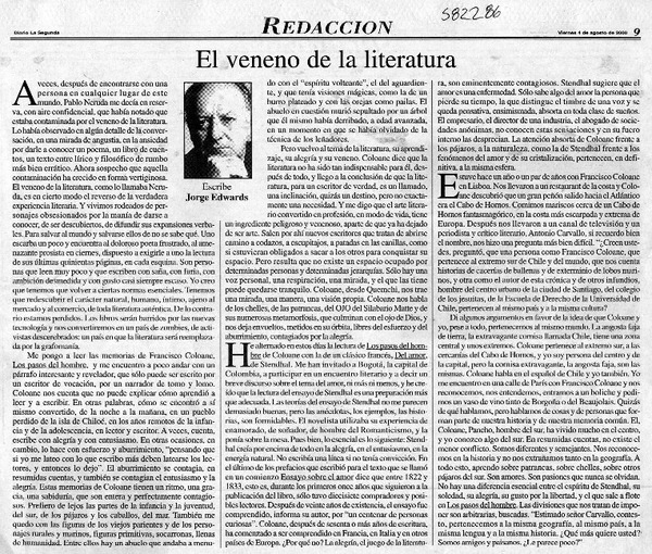 El veneno de la literatura  [artículo] Jorge Edwards