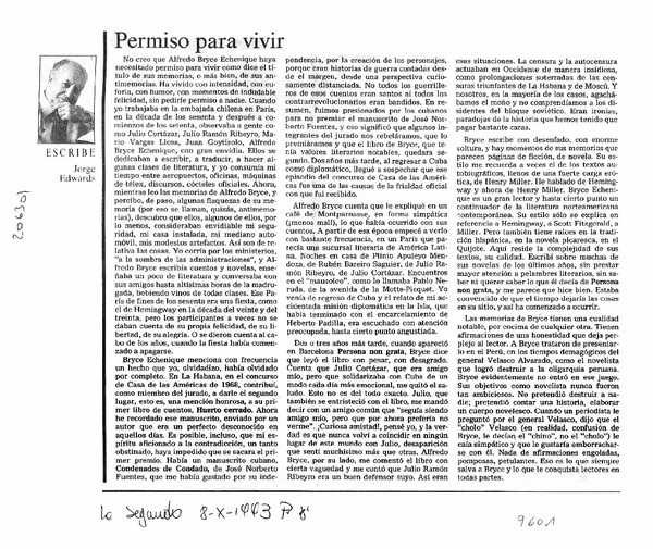 Permiso para vivir  [artículo] Jorge Edwards.