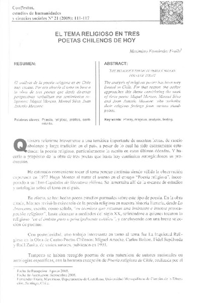 El tema religioso en tres poetas chilenos de hoy  [artículo] Maximino Fernández Fraile.