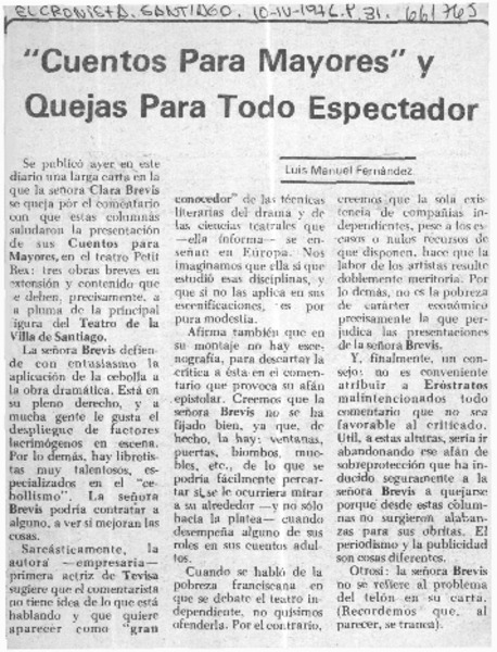 Cuentos para mayores" y quejas para todo espectador  [artículo] Luis Manuel Fernández.