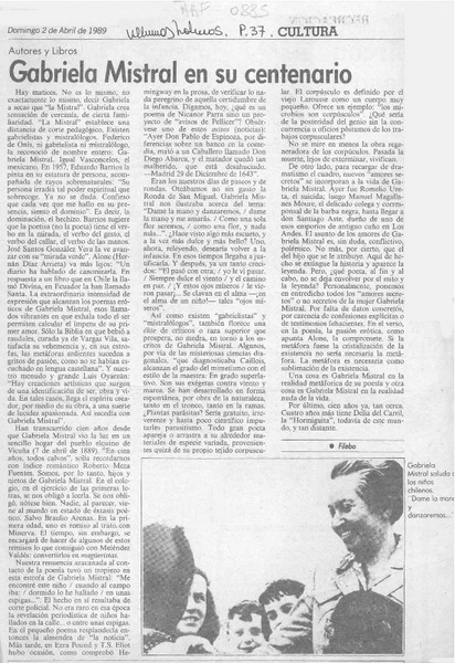 Gabriela Mistral en su centenario  [artículo] Filebo.