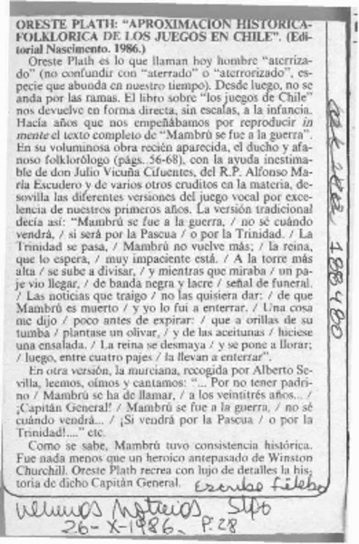 Oreste Plath, "Aproximación histórica-folklórica de los juegos en Chile"  [artículo] Filebo.