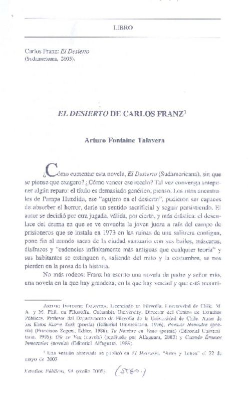 El desierto de Carlos Franz  [artículo] Arturo Fontaine Talavera.