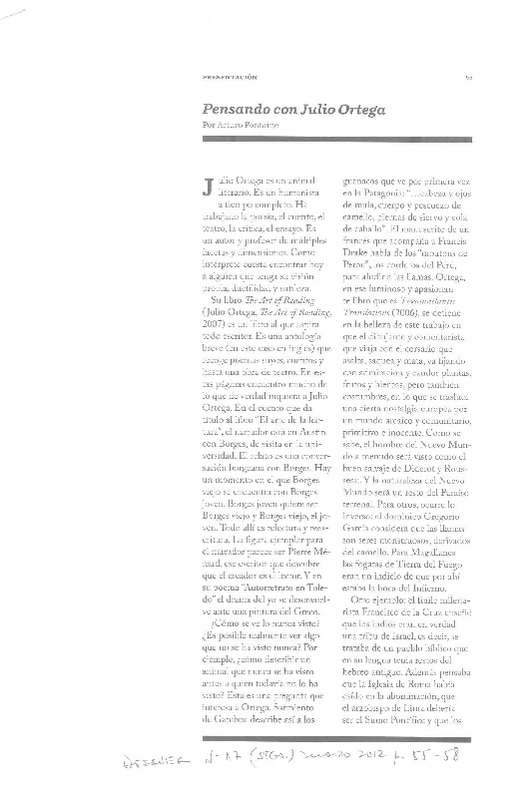 Pensando con Julio Ortega  [artículo] Arturo Fontaine.