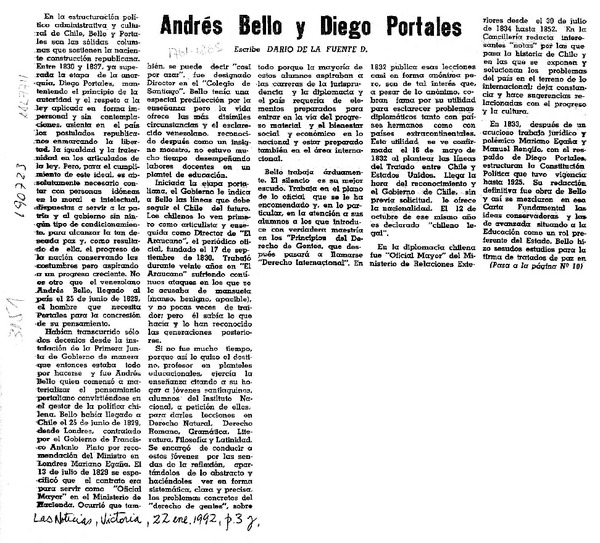 Andrés Bello y Diego Portales  [artículo] Darío de la Fuente D.